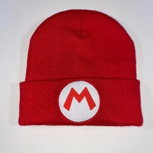 Nintendo Super Mario Bros Red Knit Cuffed Beanie Hat M Logo CultureFly 2017